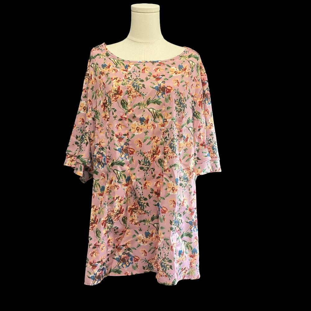 Pink Floral Top w/ Tiered Flutter Sleeve